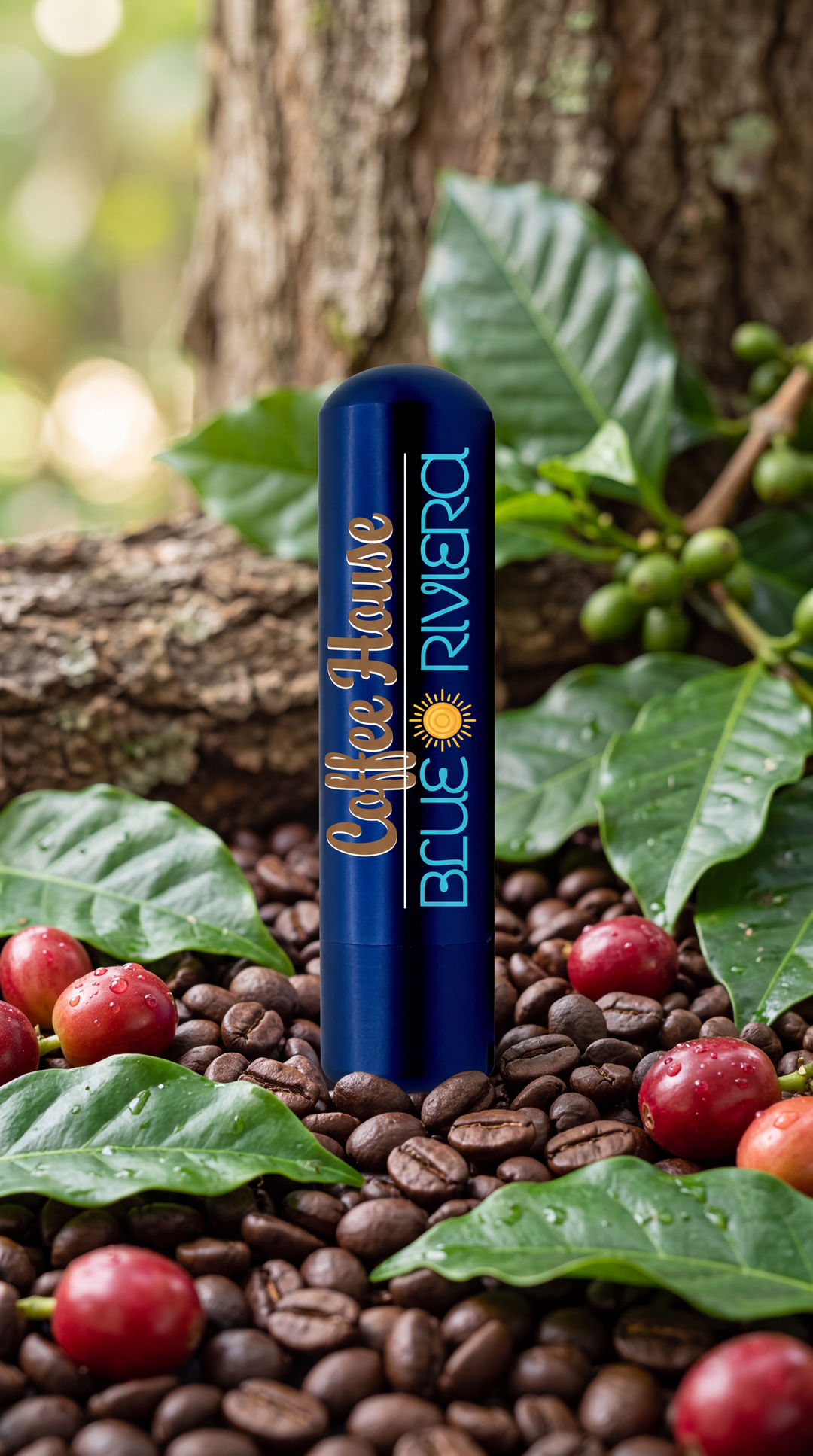 Blue Riviera Coffee House aromatherapy inhaler surrounded by coffee beans, red coffee cherries and glossy green leaves beside a tree trunk.