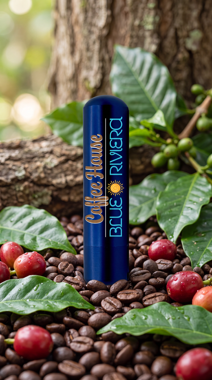Blue Riviera Coffee House aromatherapy inhaler surrounded by coffee beans, red coffee cherries and glossy green leaves beside a tree trunk.