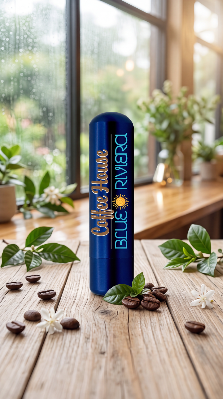 Blue Riviera Coffee House aromatherapy inhaler on a wooden table beside coffee beans and green leaves, with a café window behind it.