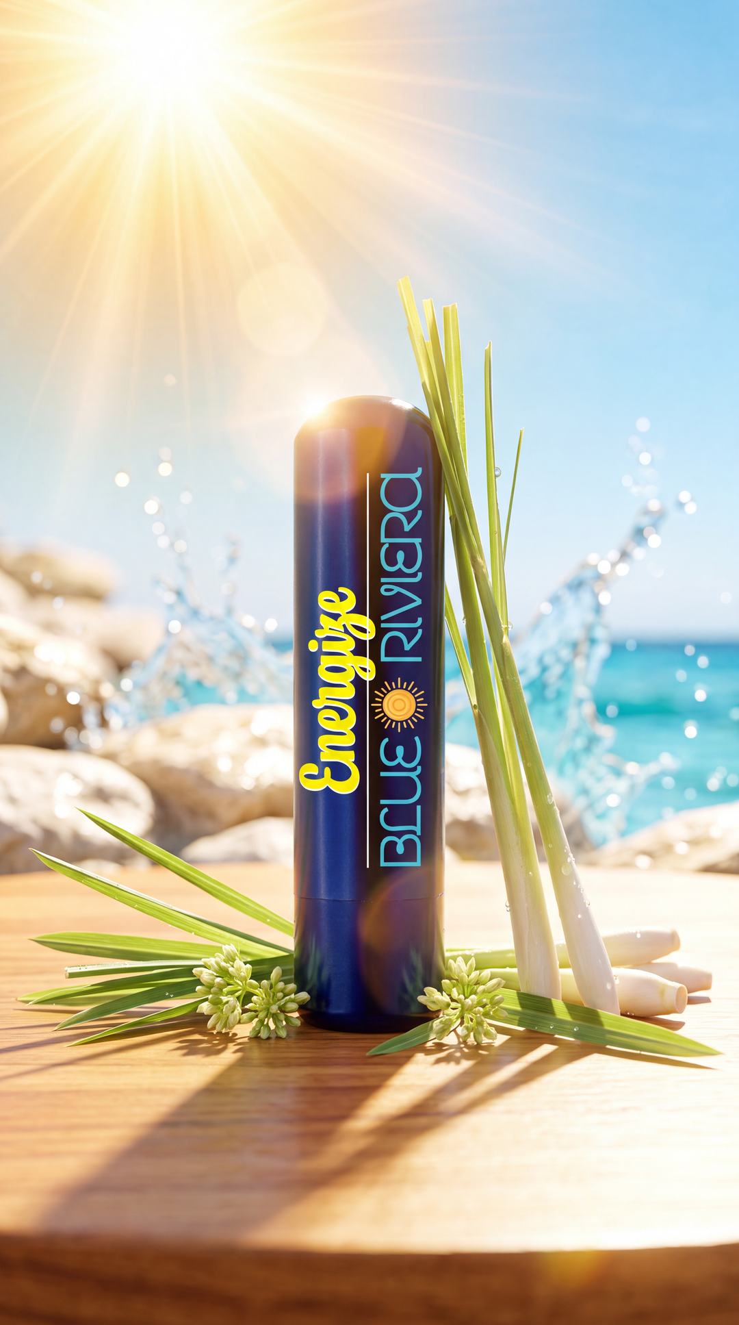 Blue Riviera Energize aromatherapy inhaler beside lemongrass stalks on a sunlit wooden surface, with ocean waves in the background.
