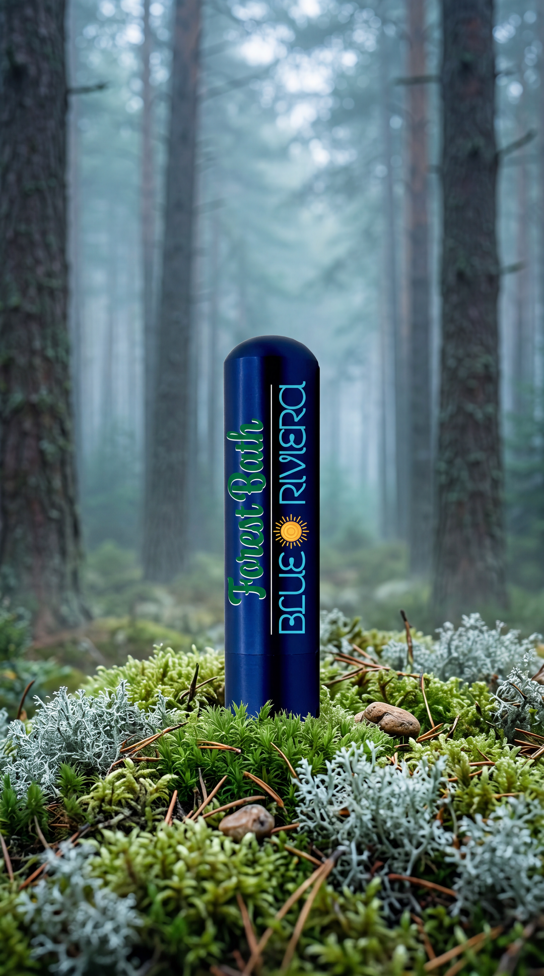 Blue Riviera Forest Bath aromatherapy inhaler standing among moss and lichen in a misty forest.