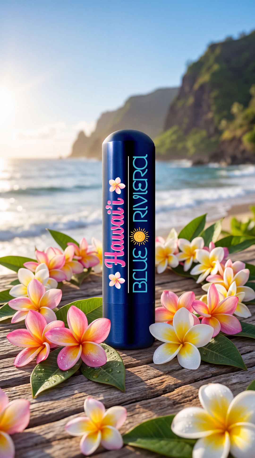 Blue Riviera Hawai'i aromatherapy inhaler surrounded by pink and yellow plumeria flowers on a wooden surface overlooking ocean waves and green coastal cliffs.