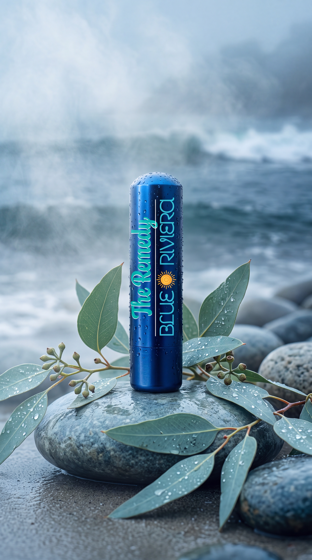 Blue Riviera The Remedy aromatherapy inhaler on wet stones surrounded by eucalyptus leaves, with misty ocean waves behind it.