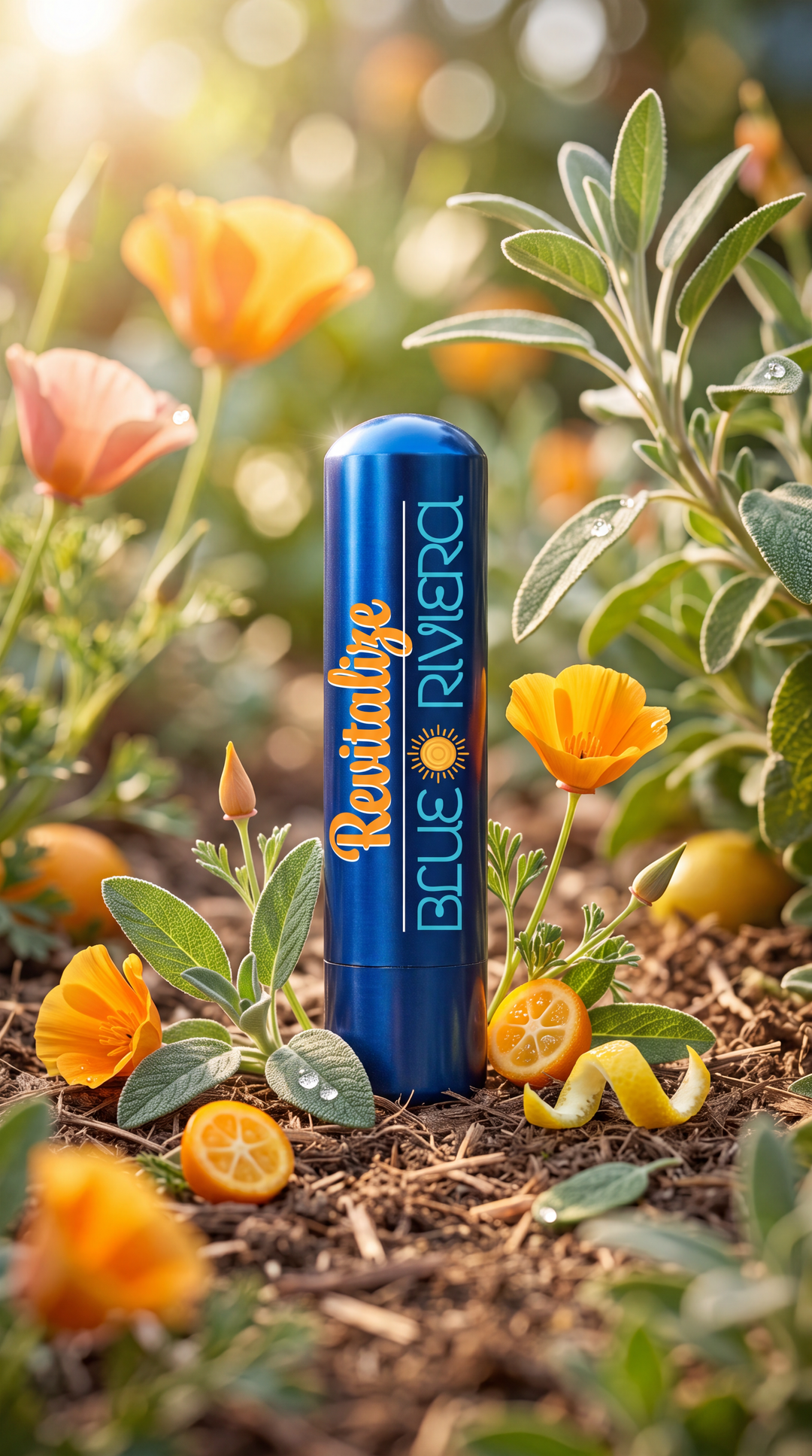 Blue Riviera Revitalize aromatherapy inhaler among orange flowers, green leaves and sliced citrus.